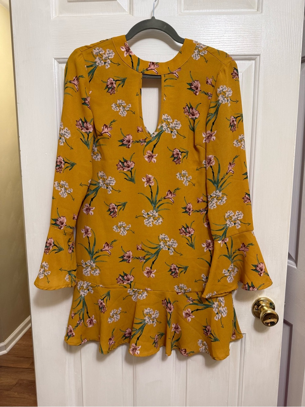 Xhilaration Mustard Floral Keyhole Ruffle Dress